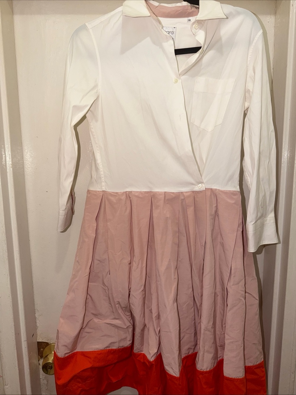 White and Blush Colorblock Shirt Dress with Red Hem